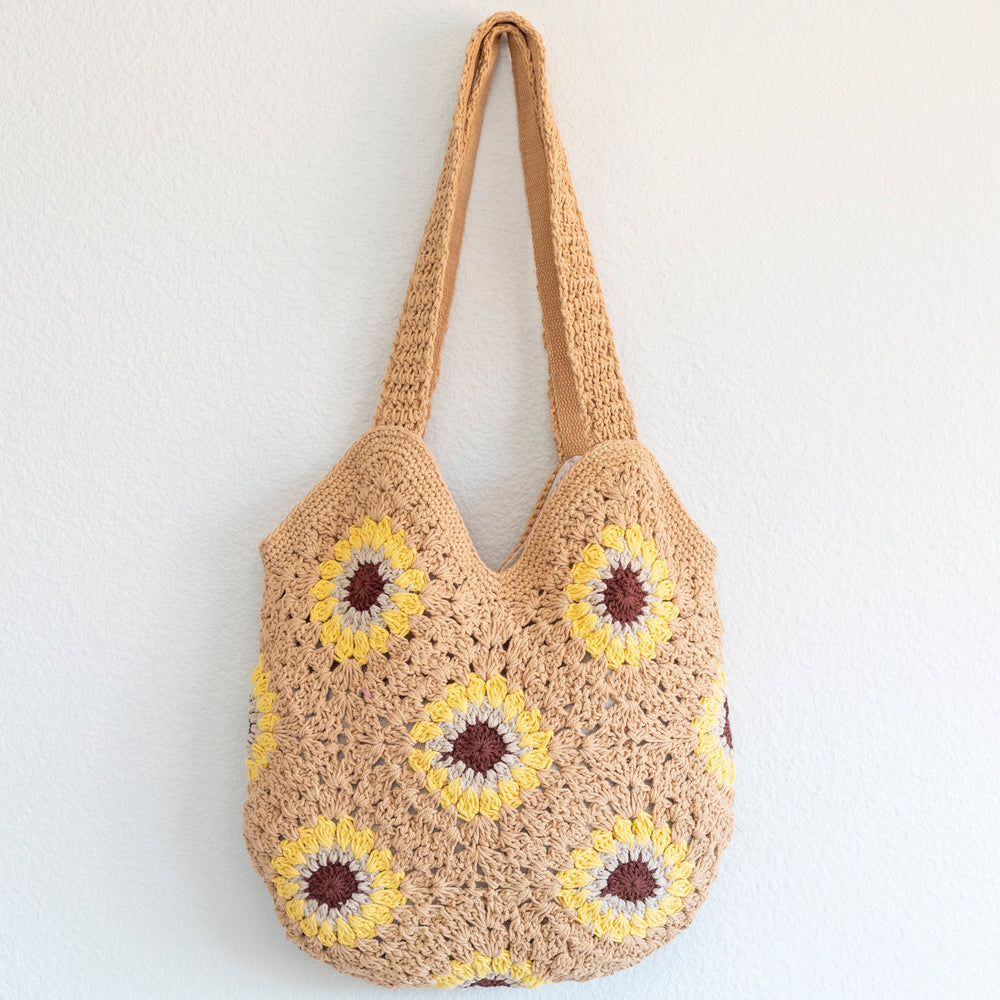 Gehäkelte Damen-Einkaufstasche mit Sonnenblumen-Granny Square für böhmischen Alltagsstil und Geschenke