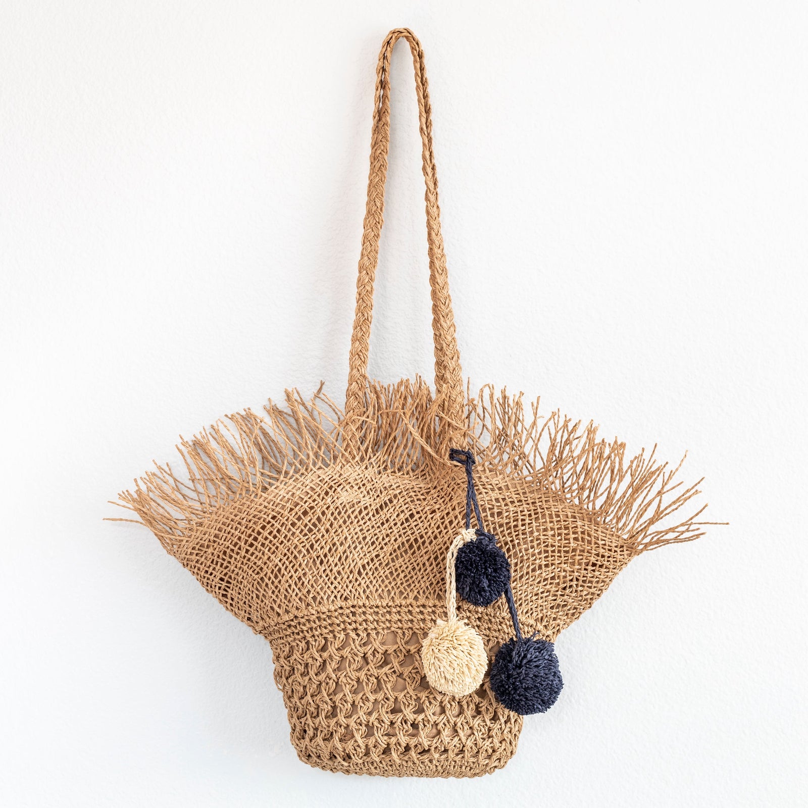 Women’s Straw Woven Basket Shape Tote with Pom Pom for Beach, Vacation & Summer Outfits