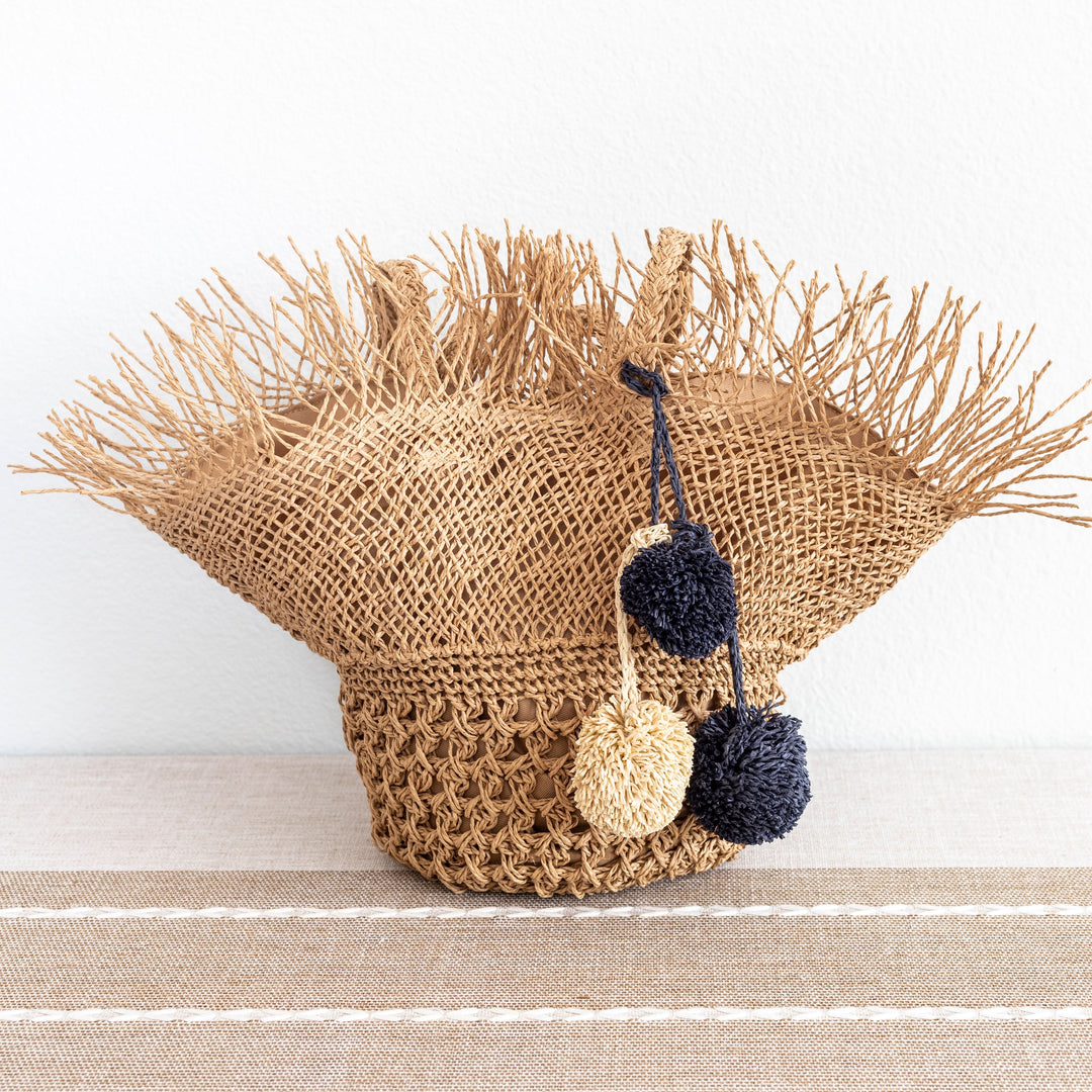 Women’s Straw Woven Basket Shape Tote with Pom Pom for Beach, Vacation & Summer Outfits