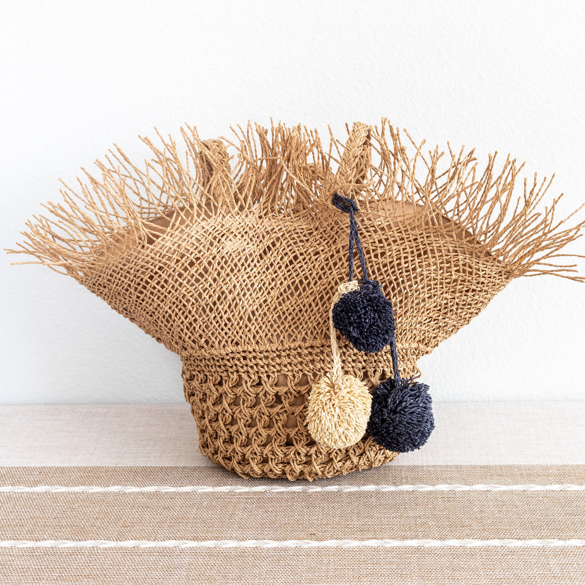 Women’s Straw Woven Basket Shape Tote with Pom Pom for Beach, Vacation & Summer Outfits