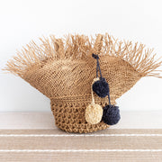 Women’s Straw Woven Basket Shape Tote with Pom Pom for Beach, Vacation & Summer Outfits