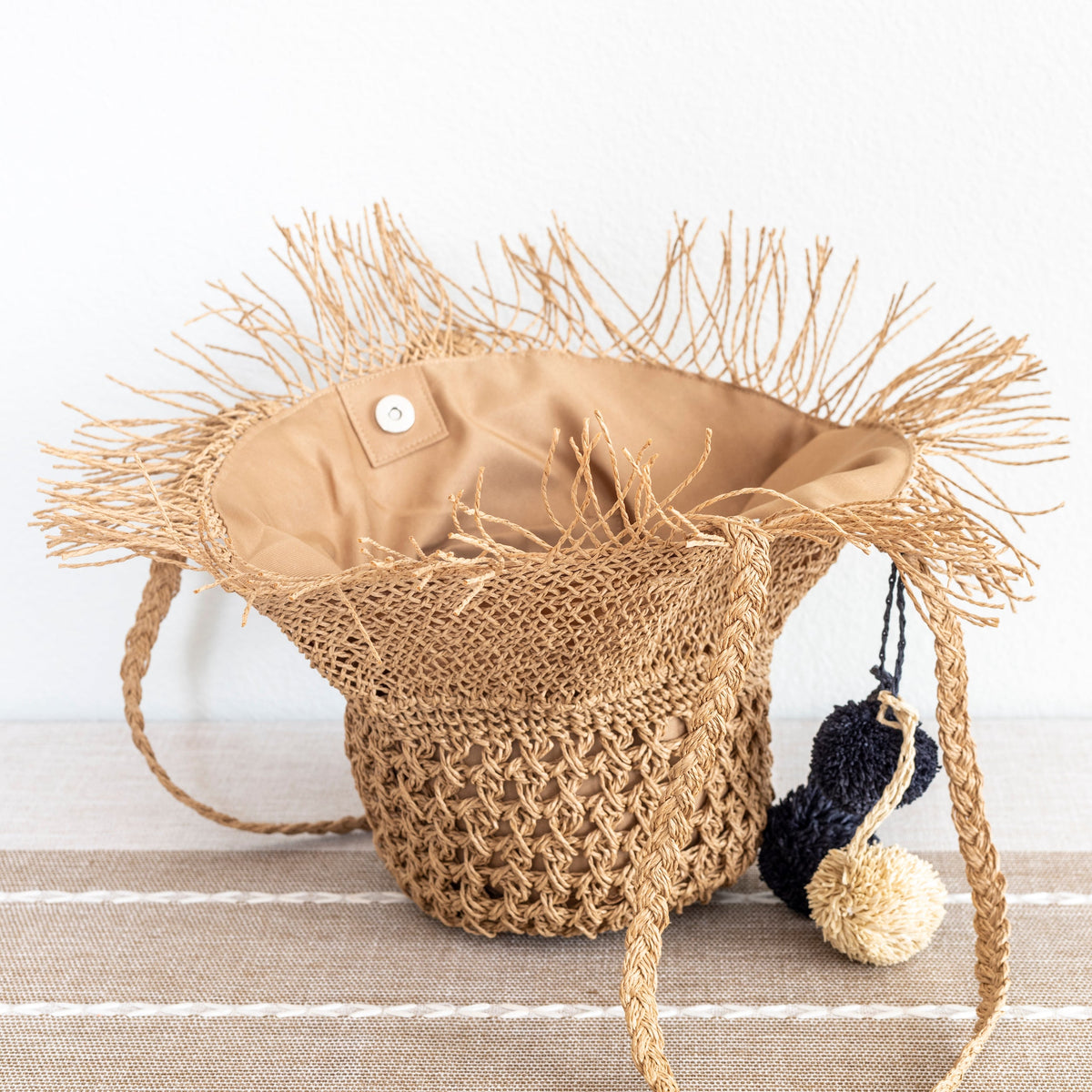 Women’s Straw Woven Basket Shape Tote with Pom Pom for Beach, Vacation & Summer Outfits
