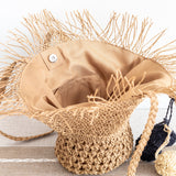 Women’s Straw Woven Basket Shape Tote with Pom Pom for Beach, Vacation & Summer Outfits