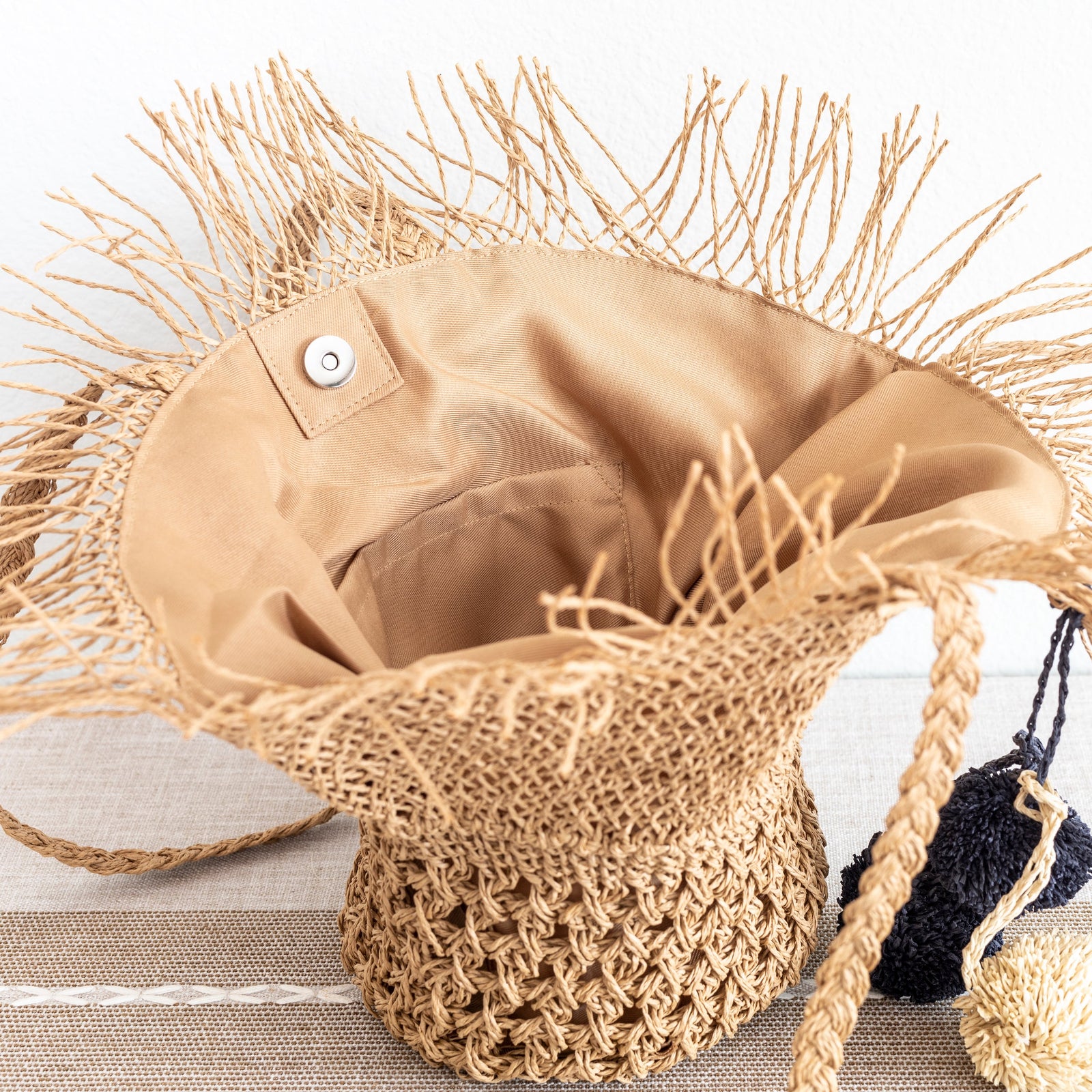 Women’s Straw Woven Basket Shape Tote with Pom Pom for Beach, Vacation & Summer Outfits