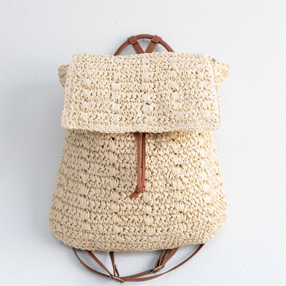 Women’s Straw Backpack with Vegan Leather Strap Drawstring Bag for Beach, Vacation & Summer Outfits