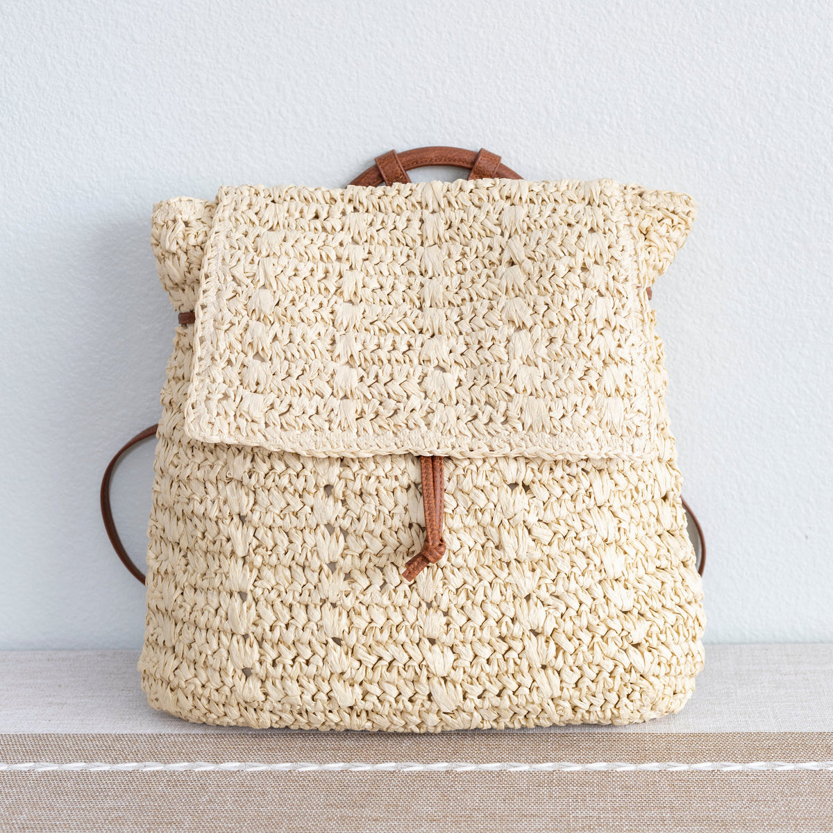 Women’s Straw Backpack with Vegan Leather Strap Drawstring Bag for Beach, Vacation & Summer Outfits