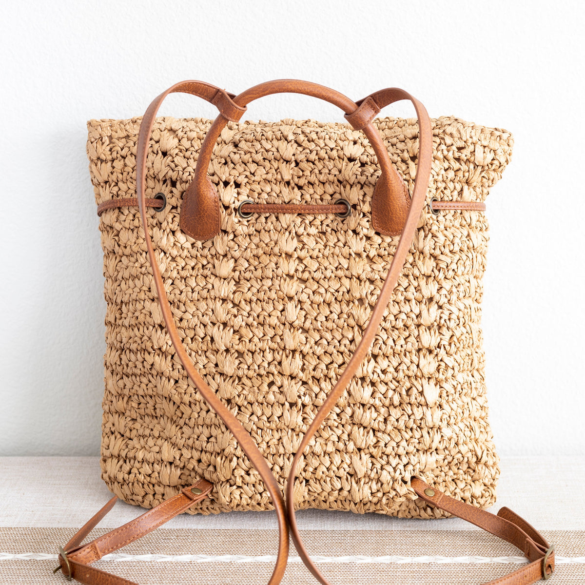 Women’s Straw Backpack with Vegan Leather Strap Drawstring Bag for Beach, Vacation & Summer Outfits