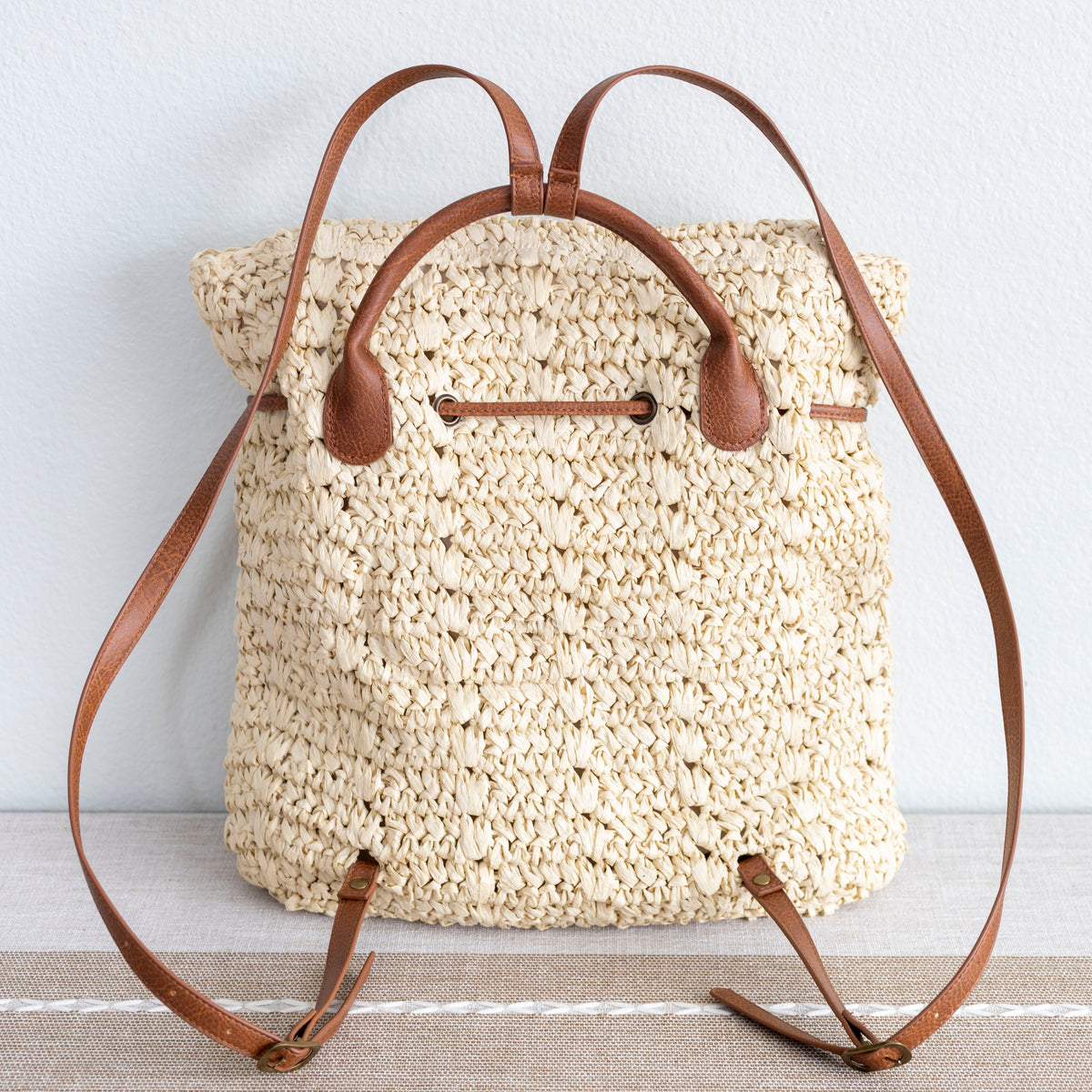 Women’s Straw Backpack with Vegan Leather Strap Drawstring Bag for Beach, Vacation & Summer Outfits
