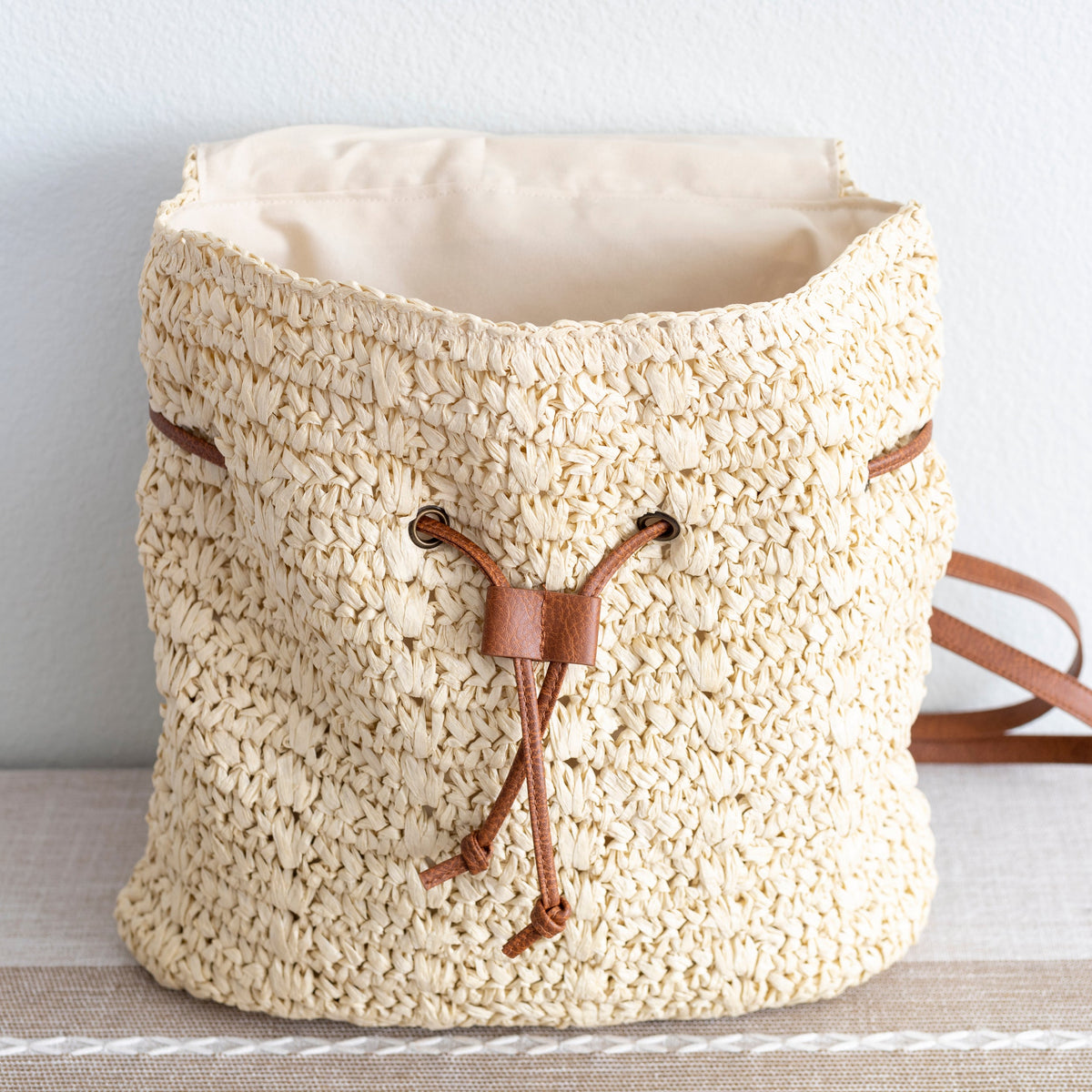Women’s Straw Backpack with Vegan Leather Strap Drawstring Bag for Beach, Vacation & Summer Outfits