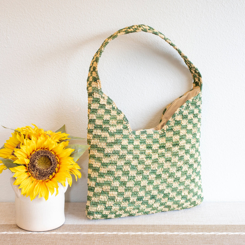 Karierte Raffia-gewebte Sommer-Strohtasche für Damen – perfekt für Strand, Urlaub und Sommer-Outfits