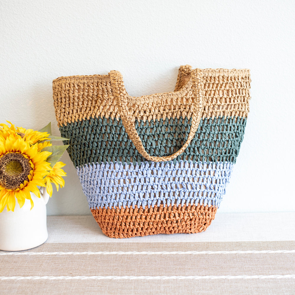 Damen Strohgewebte Sommer Color Block Tragetasche für Strand, Urlaub & Sommer-Outfits