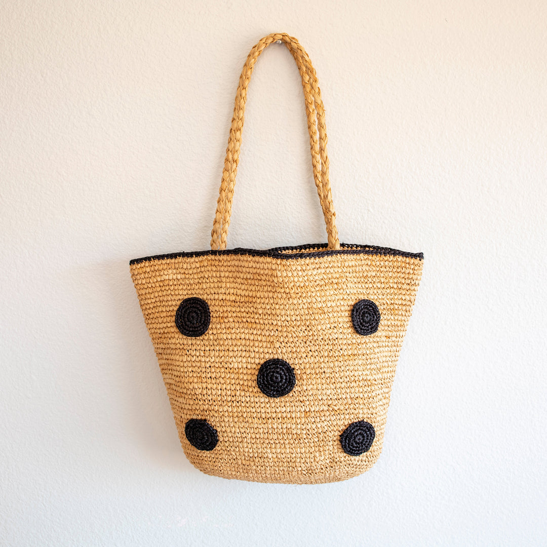 Damen gepunktete Raffia gewebte Sommer-Strohtasche für Strand, Urlaub & Sommer-Outfits