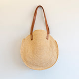 Women’s Round Raffia Woven Shoulder Bag with Genuine Leather Straps Tote Bag for Beach, Vacation & Summer Outfits