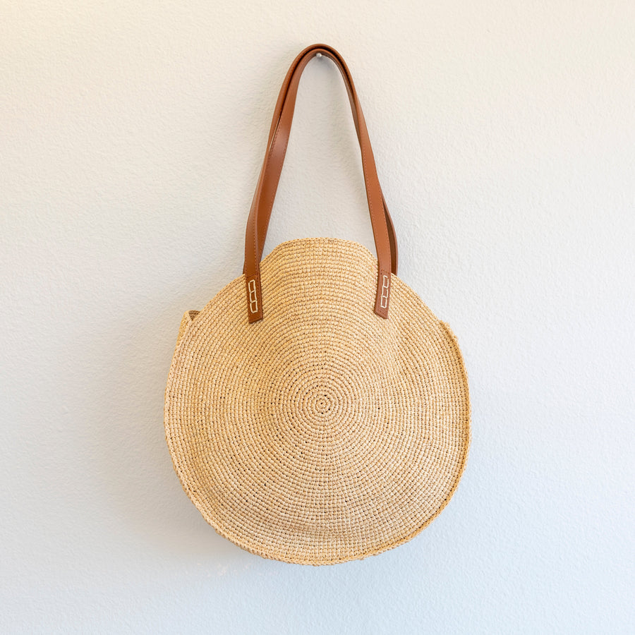 Women’s Round Raffia Woven Shoulder Bag with Genuine Leather Straps Tote Bag for Beach, Vacation & Summer Outfits