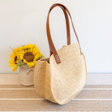 Women’s Round Raffia Woven Shoulder Bag with Genuine Leather Straps Tote Bag for Beach, Vacation & Summer Outfits
