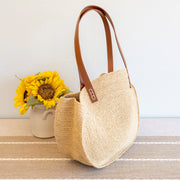 Women’s Round Raffia Woven Shoulder Bag with Genuine Leather Straps Tote Bag for Beach, Vacation & Summer Outfits