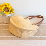 Women’s Round Raffia Woven Shoulder Bag with Genuine Leather Straps Tote Bag for Beach, Vacation & Summer Outfits