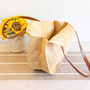 Women’s Round Raffia Woven Shoulder Bag with Genuine Leather Straps Tote Bag for Beach, Vacation & Summer Outfits