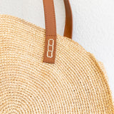 Women’s Round Raffia Woven Shoulder Bag with Genuine Leather Straps Tote Bag for Beach, Vacation & Summer Outfits