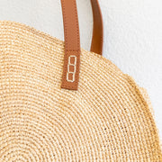 Women’s Round Raffia Woven Shoulder Bag with Genuine Leather Straps Tote Bag for Beach, Vacation & Summer Outfits