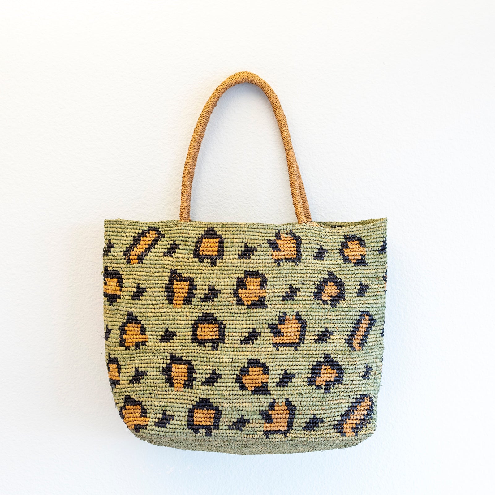 Women’s Green Leopard Design Raffia Summer Tote Bag for Beach, Vacation & Summer Outfits