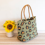 Women’s Green Leopard Design Raffia Summer Tote Bag for Beach, Vacation & Summer Outfits