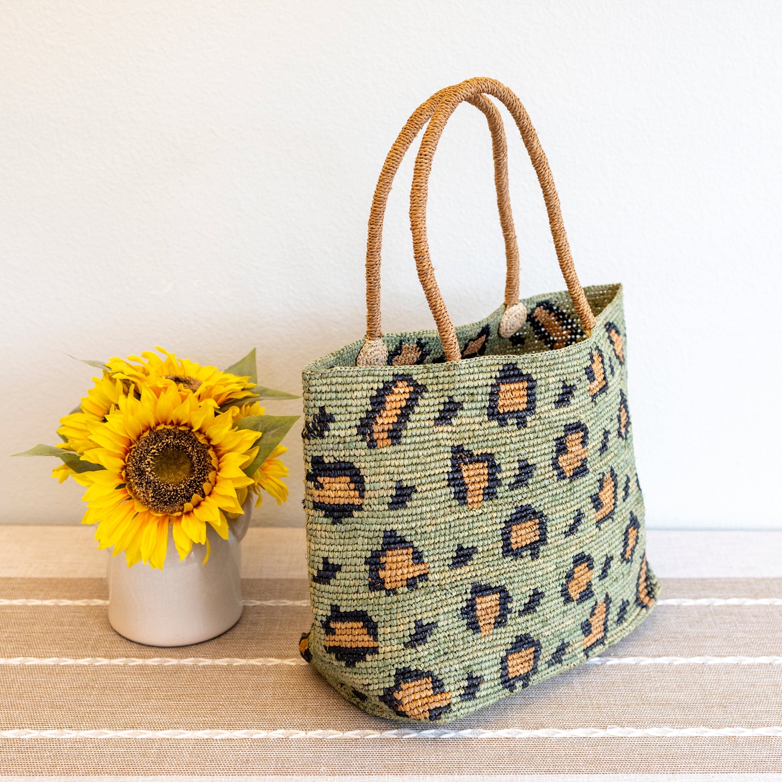Women’s Green Leopard Design Raffia Summer Tote Bag for Beach, Vacation & Summer Outfits