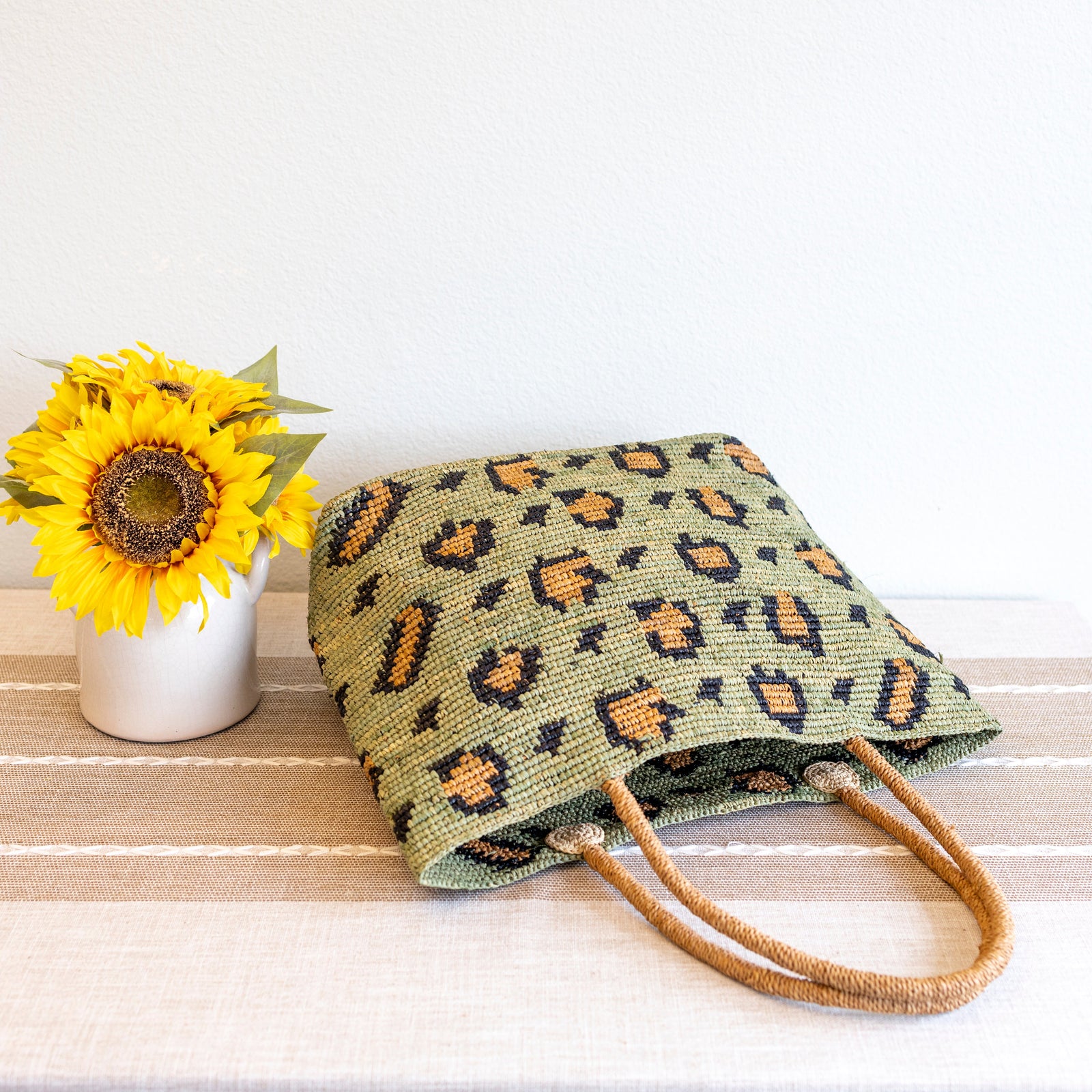 Women’s Green Leopard Design Raffia Summer Tote Bag for Beach, Vacation & Summer Outfits