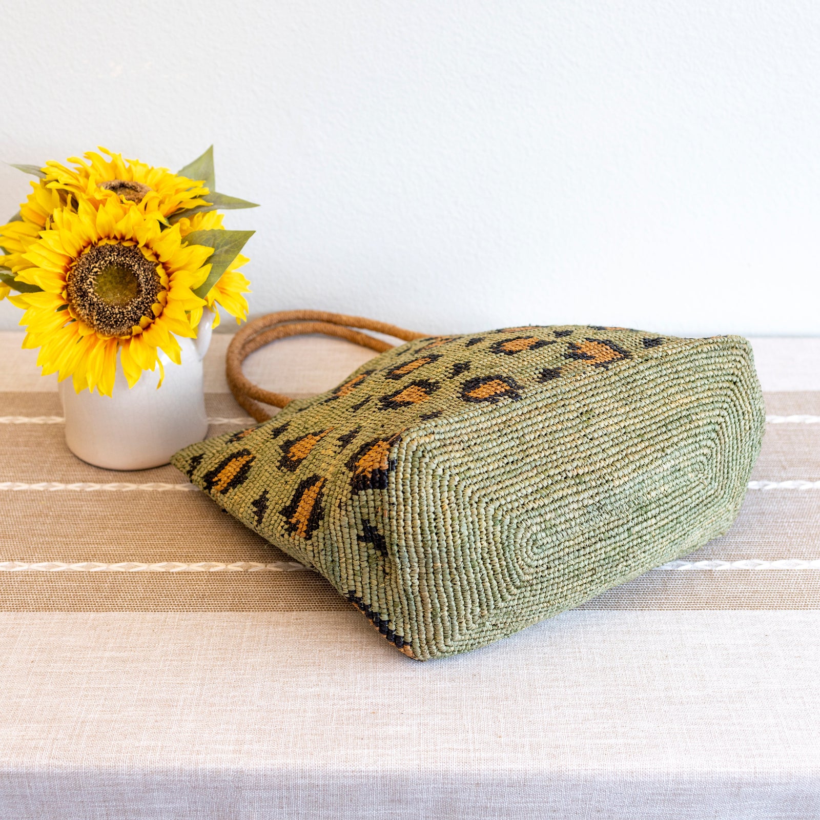 Women’s Green Leopard Design Raffia Summer Tote Bag for Beach, Vacation & Summer Outfits