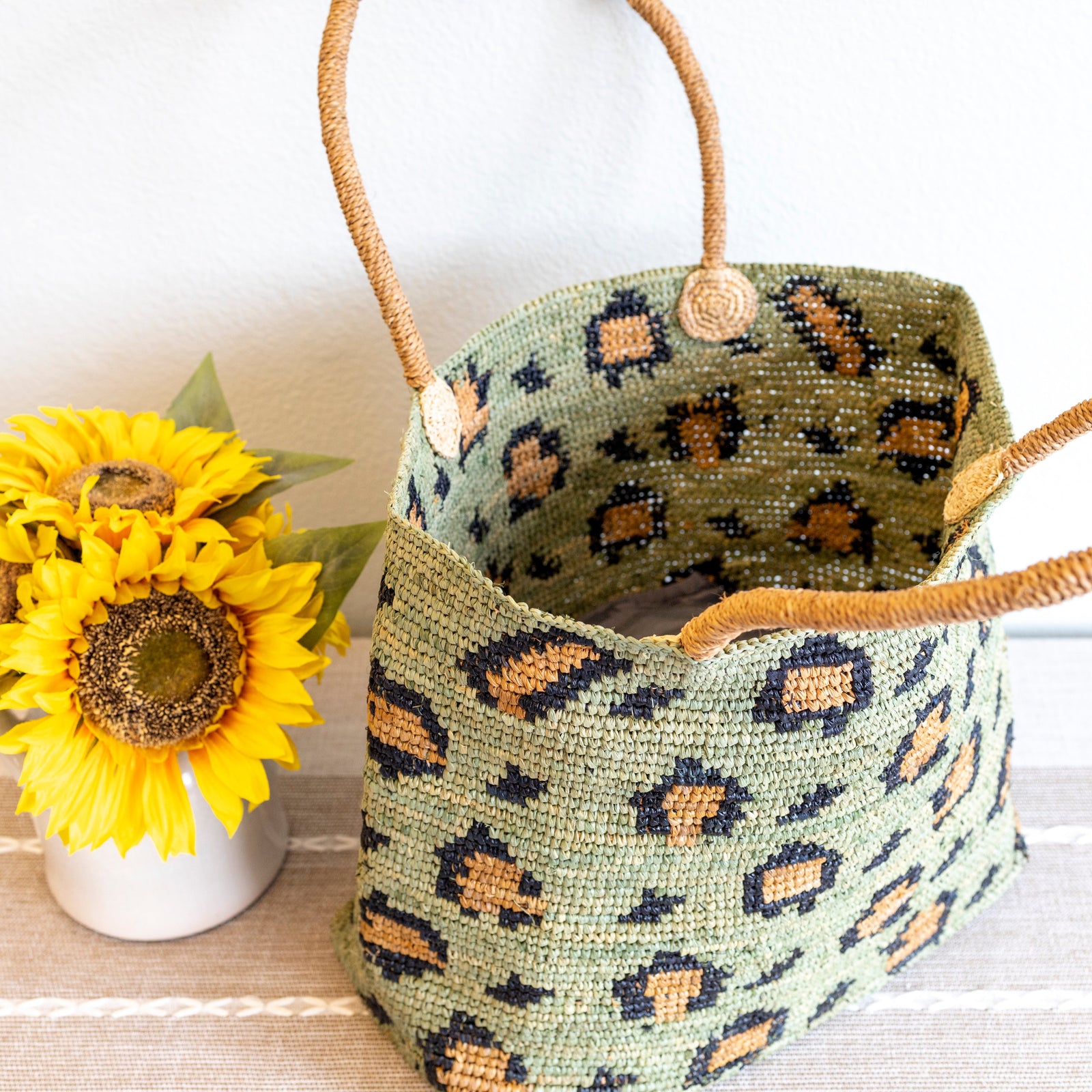 Women’s Green Leopard Design Raffia Summer Tote Bag for Beach, Vacation & Summer Outfits