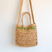 Women’s Summer Floral Straw Shoulder Bag with Long Strap Crossbody Bag for Beach, Vacation & Summer Outfits