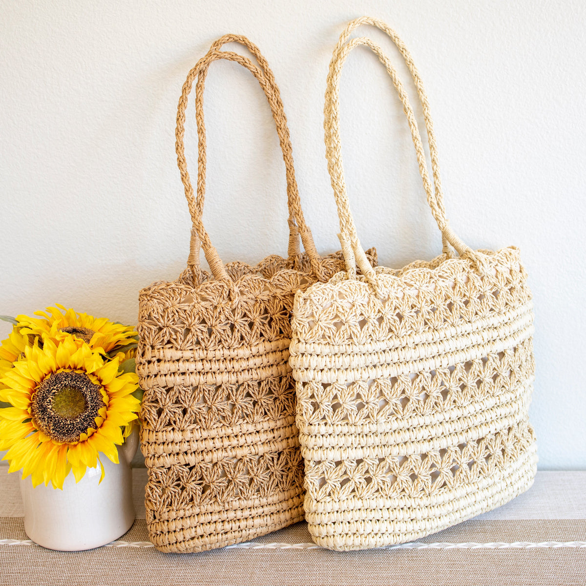 Women’s Long Handle Floral Design Straw Beach Tote for Beach, Vacation & Summer Outfits