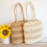 Women’s Long Handle Floral Design Straw Beach Tote for Beach, Vacation & Summer Outfits