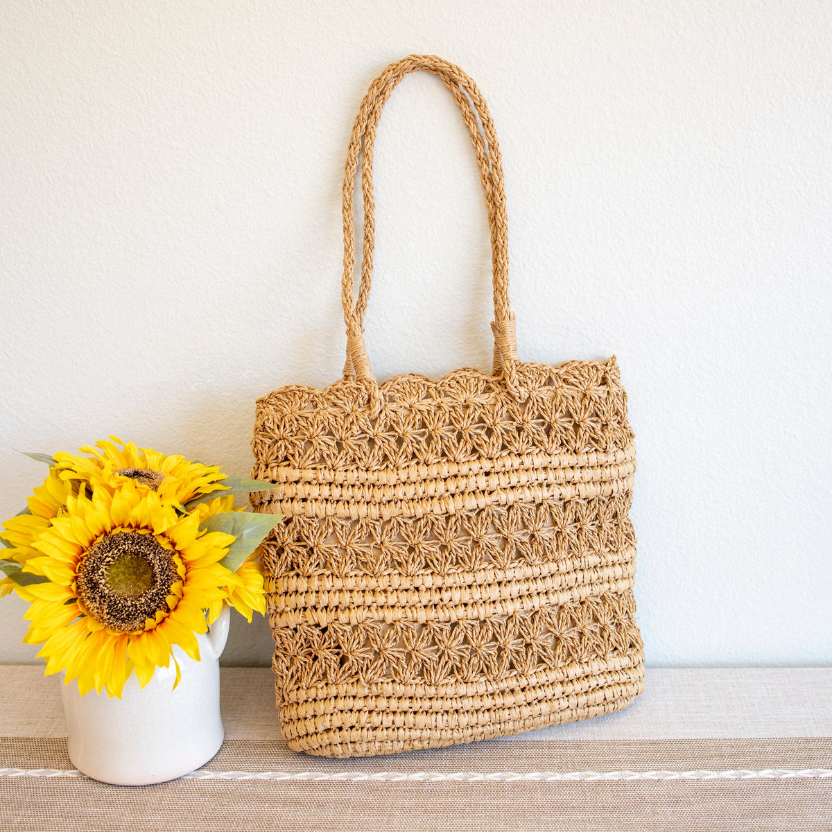 Women’s Long Handle Floral Design Straw Beach Tote for Beach, Vacation & Summer Outfits