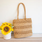 Women’s Long Handle Floral Design Straw Beach Tote for Beach, Vacation & Summer Outfits