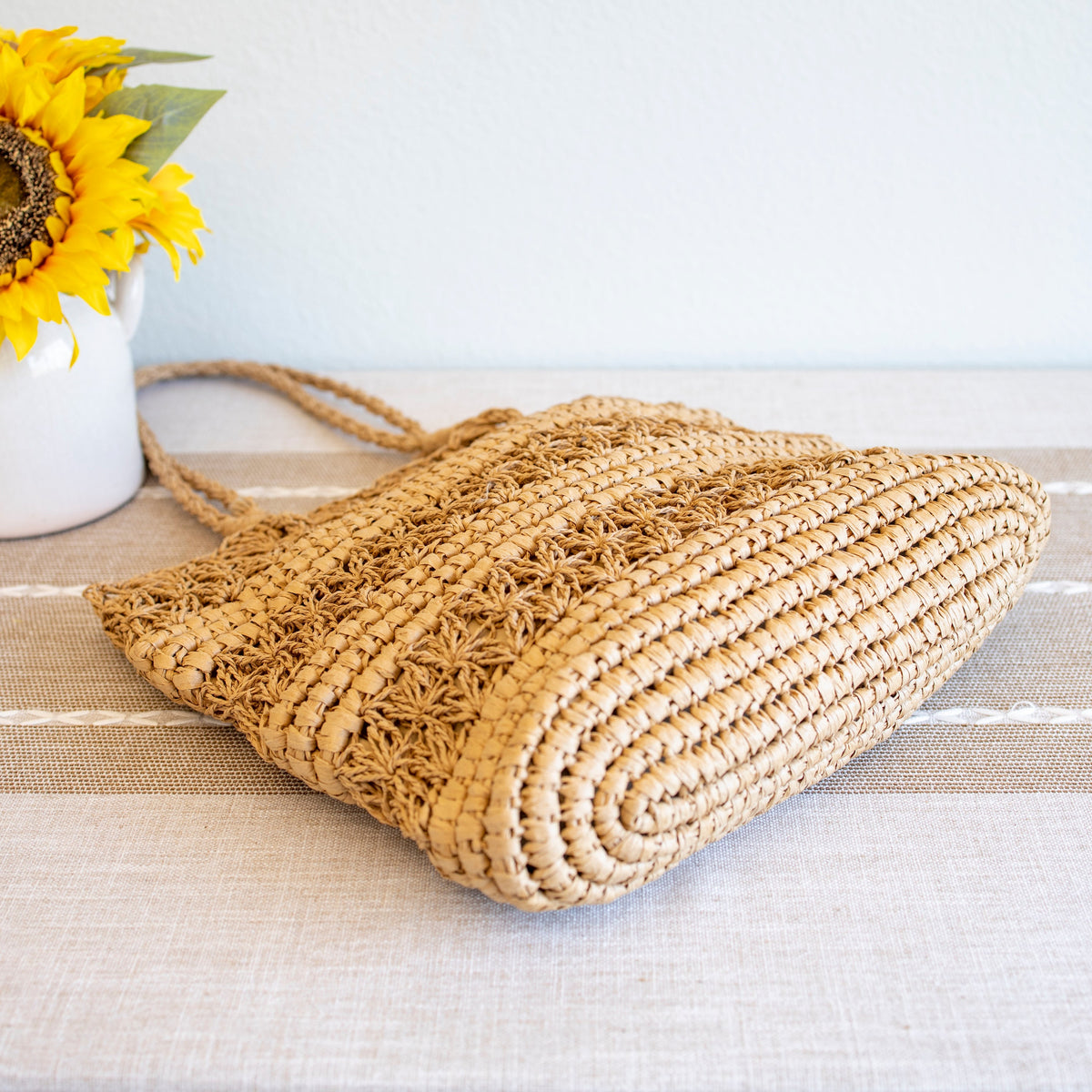 Women’s Long Handle Floral Design Straw Beach Tote for Beach, Vacation & Summer Outfits