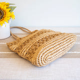 Women’s Long Handle Floral Design Straw Beach Tote for Beach, Vacation & Summer Outfits