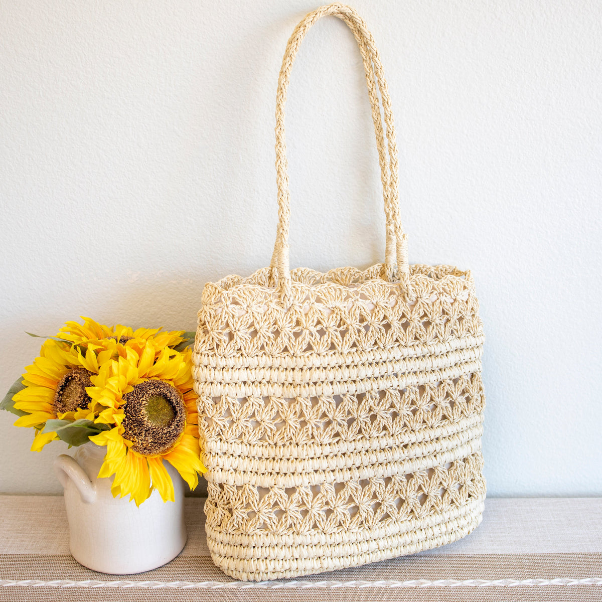 Women’s Long Handle Floral Design Straw Beach Tote for Beach, Vacation & Summer Outfits