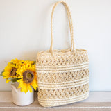 Women’s Long Handle Floral Design Straw Beach Tote for Beach, Vacation & Summer Outfits