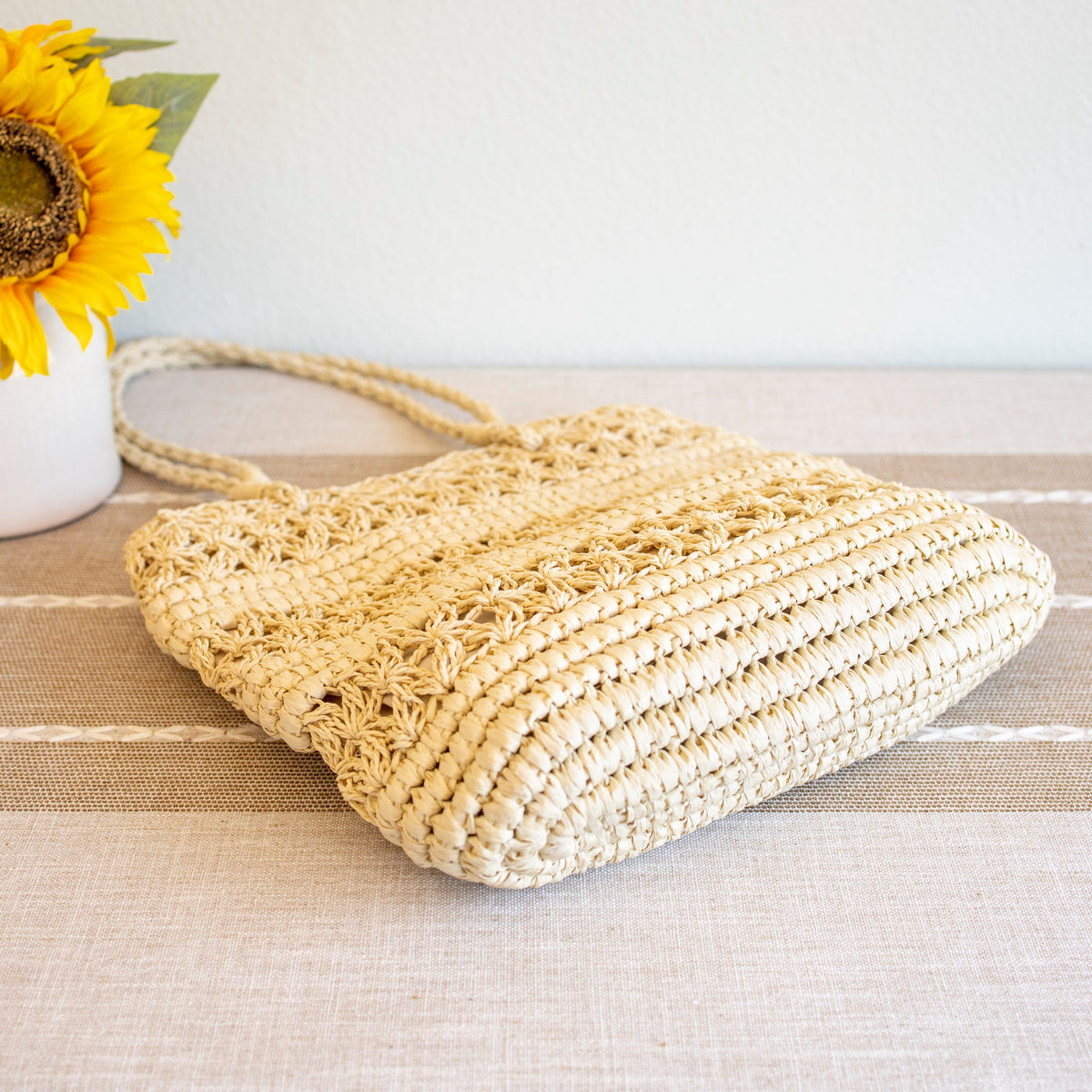 Women’s Long Handle Floral Design Straw Beach Tote for Beach, Vacation & Summer Outfits