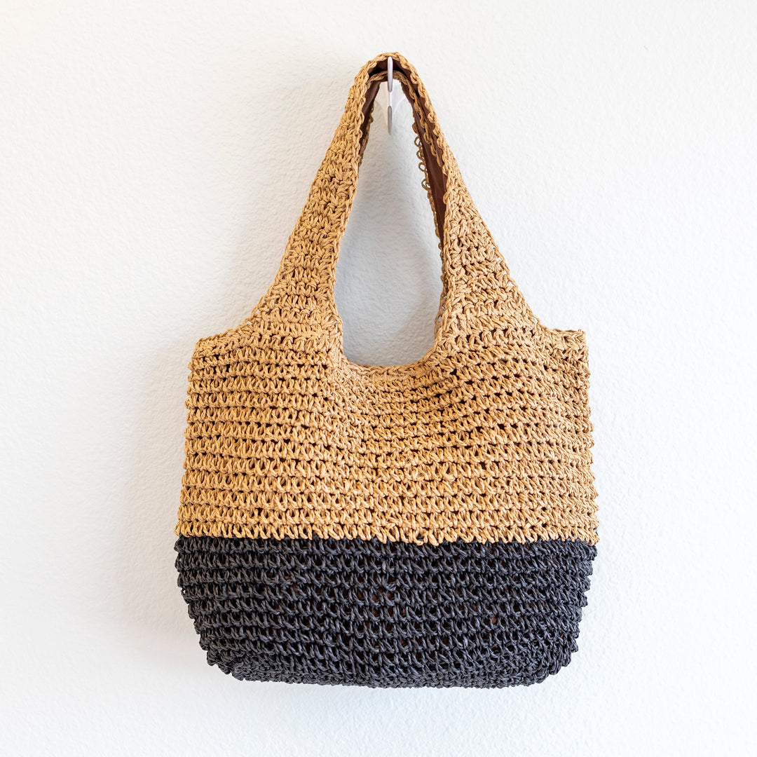 Women’s Summer Two Tone Simple Straw Shoulder Bag Purse for Beach, Vacation & Summer Outfits