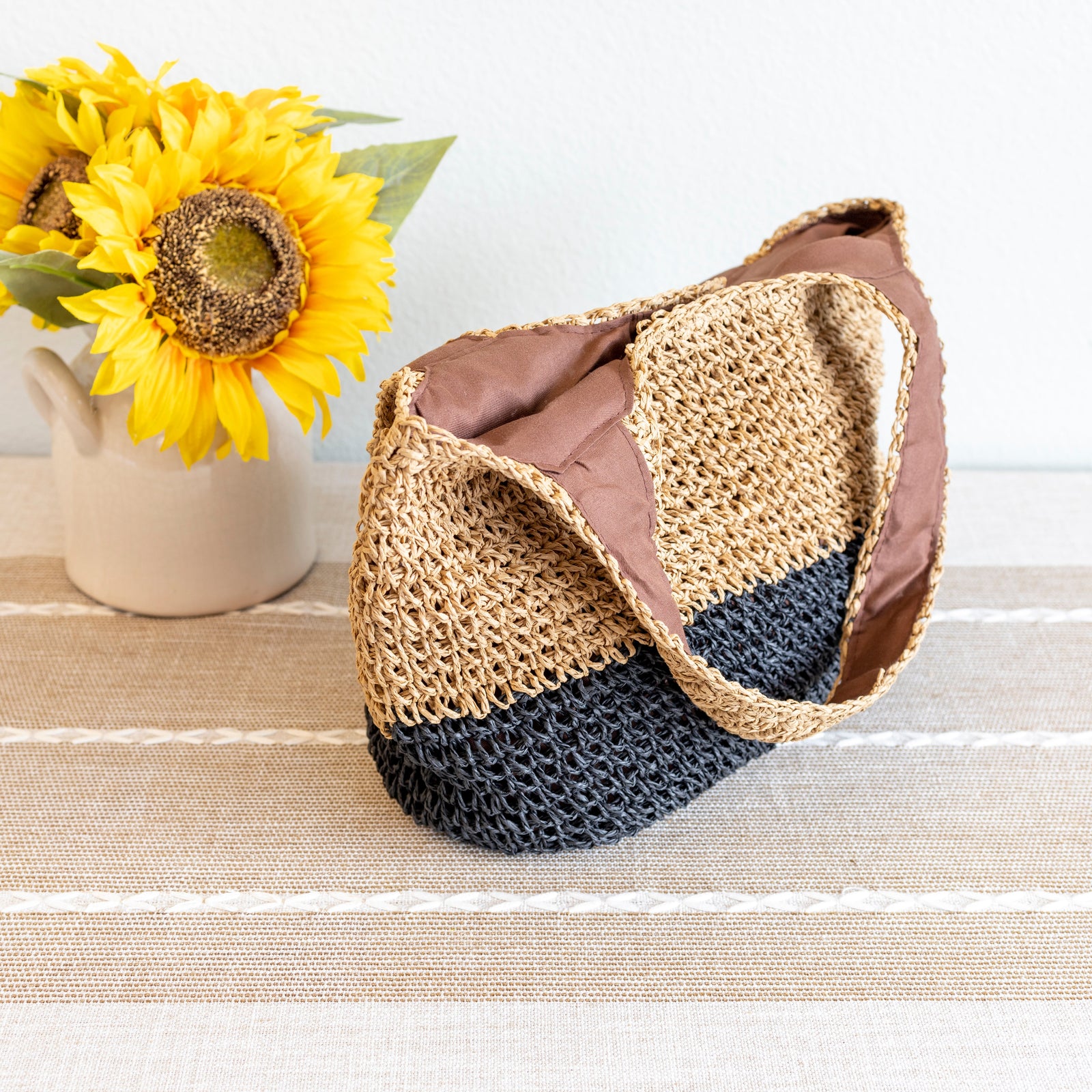 Women’s Summer Two Tone Simple Straw Shoulder Bag Purse for Beach, Vacation & Summer Outfits