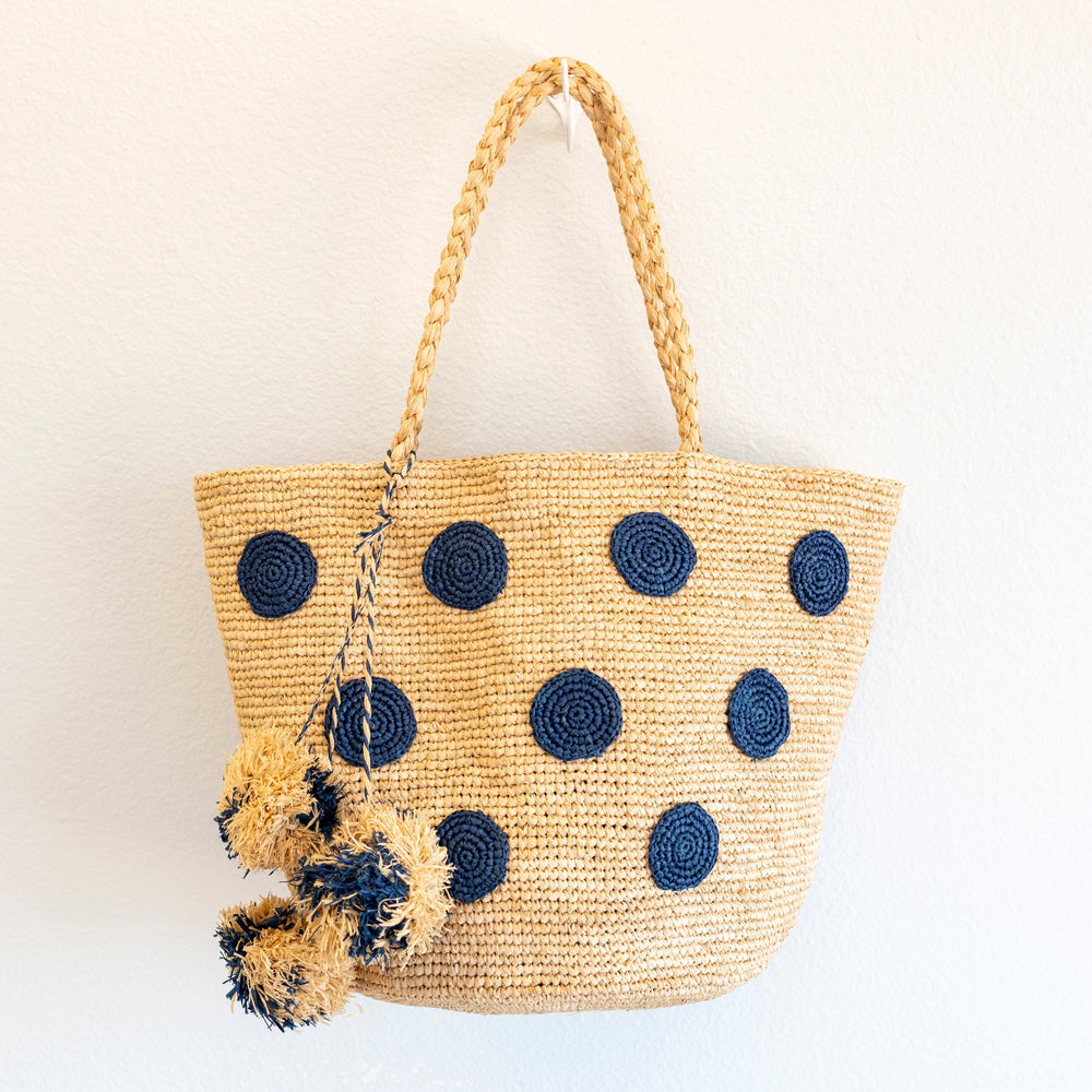 Damen-Schultertasche aus Natur-Bast mit Polka Dots für Strand, Urlaub und Sommer-Outfits