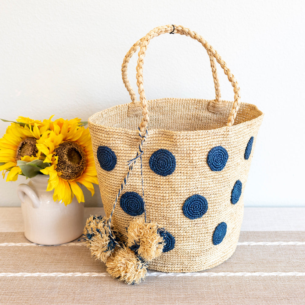 Damen-Schultertasche aus Natur-Bast mit Polka Dots für Strand, Urlaub und Sommer-Outfits