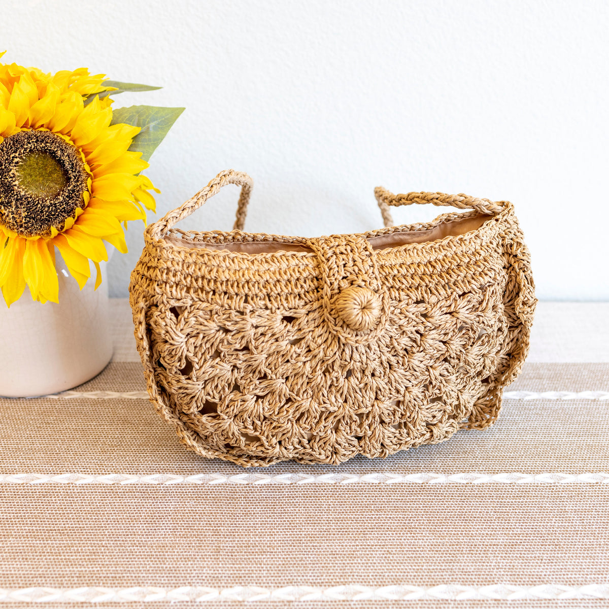 Women’s Floral Crescent Straw Crossbody Bag with Long Strap for Beach, Vacation & Summer Outfits