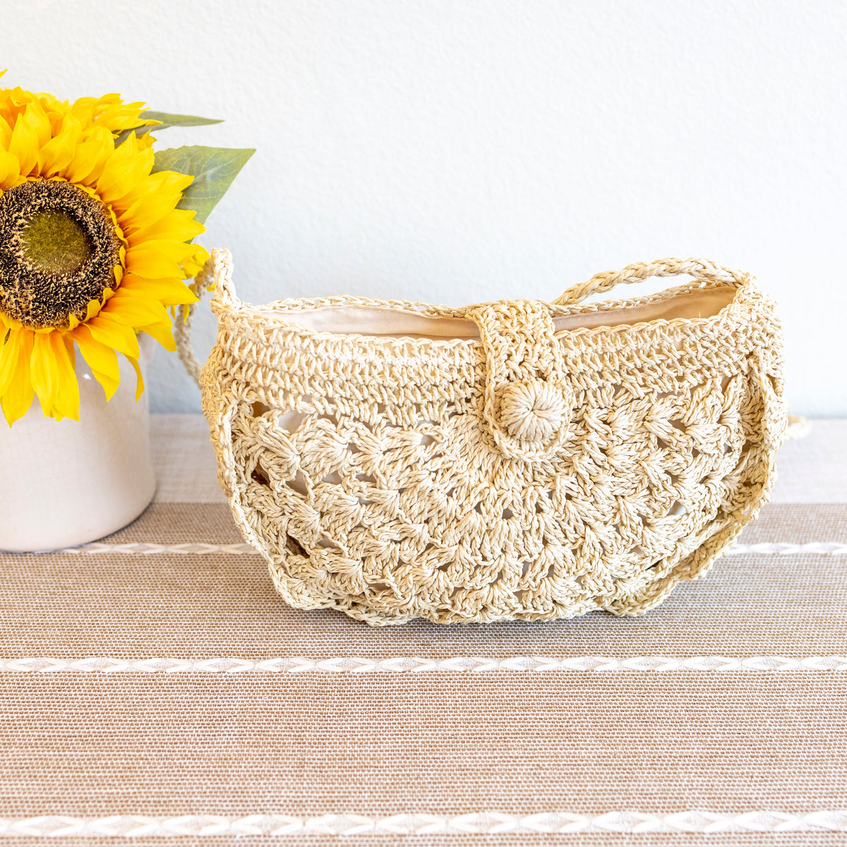 Women’s Floral Crescent Straw Crossbody Bag with Long Strap for Beach, Vacation & Summer Outfits