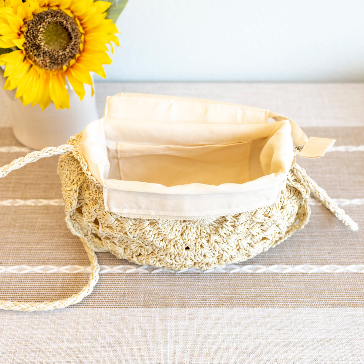 Women’s Floral Crescent Straw Crossbody Bag with Long Strap for Beach, Vacation & Summer Outfits