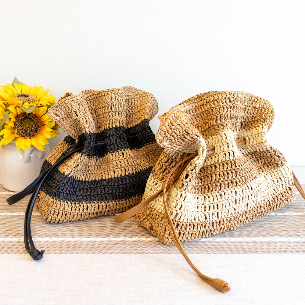 Damen gestreifte Stroh-Beuteltasche Tragetasche für Strand, Urlaub & Sommeroutfits