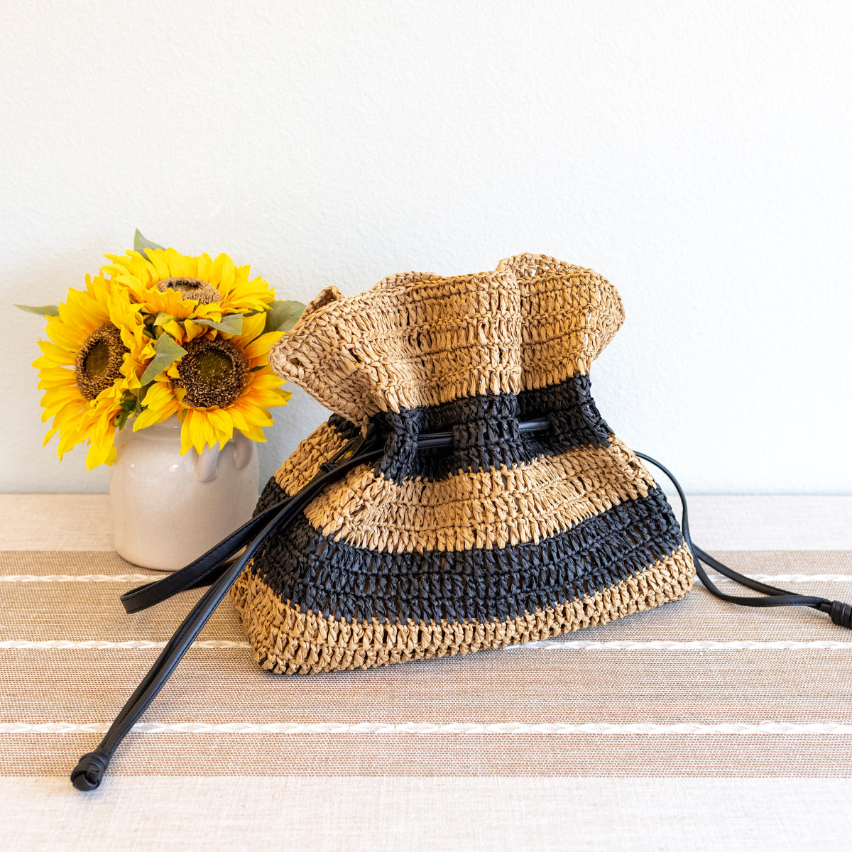 Women’s Stripe Straw Drawstring Bag Tote Bag for Beach, Vacation & Summer Outfits