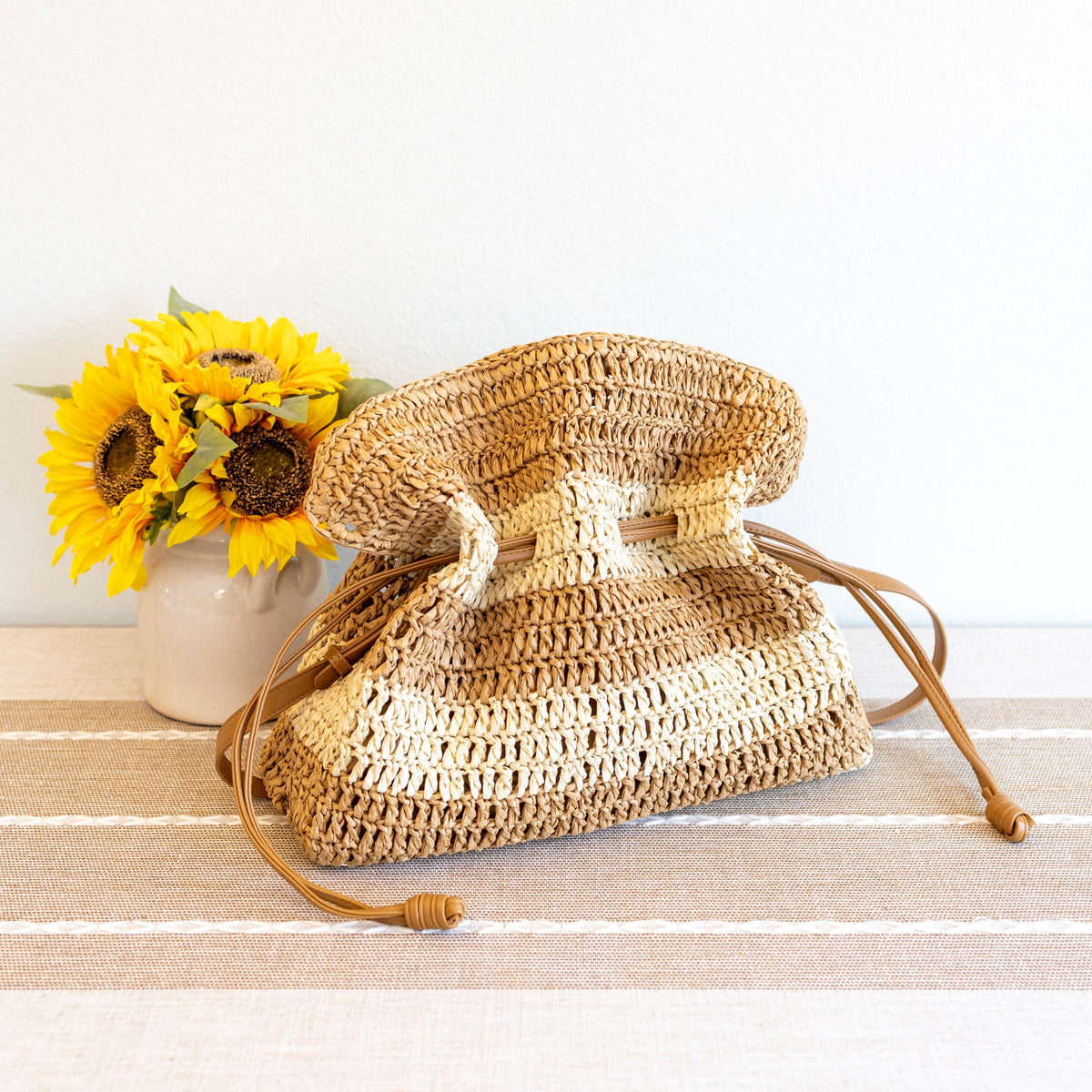 Women’s Stripe Straw Drawstring Bag Tote Bag for Beach, Vacation & Summer Outfits